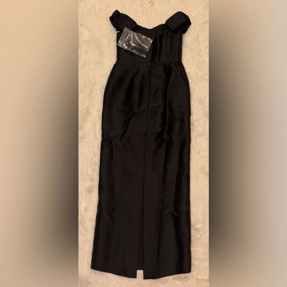 NEW Alfred Sung Bow Basque neck Off the Shoulder Satin Column Black Gown Sz 8 - Picture 6 of 7